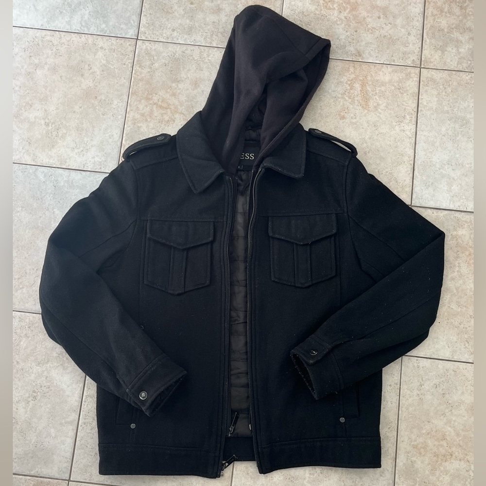 Guess Men’s Small Coat Jacket With removable Hoodie, Black